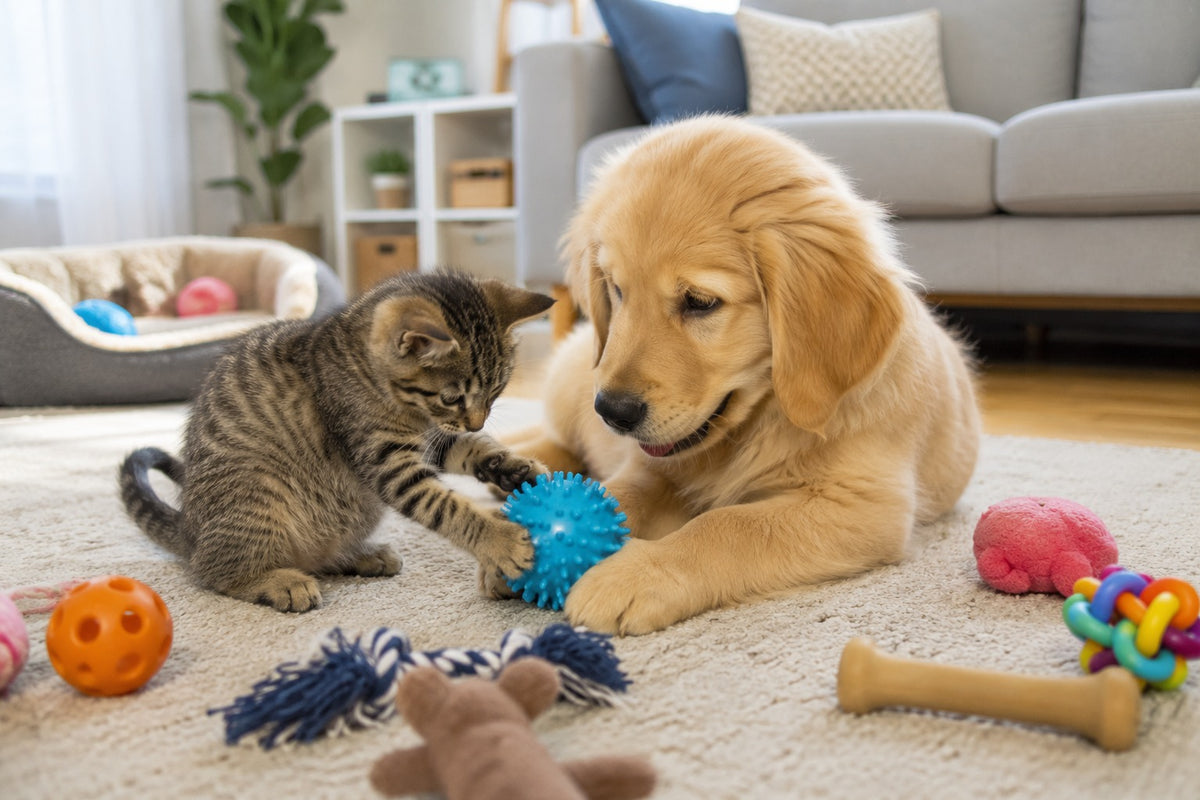 Cachorro y gatito jugando juntos con juguetes